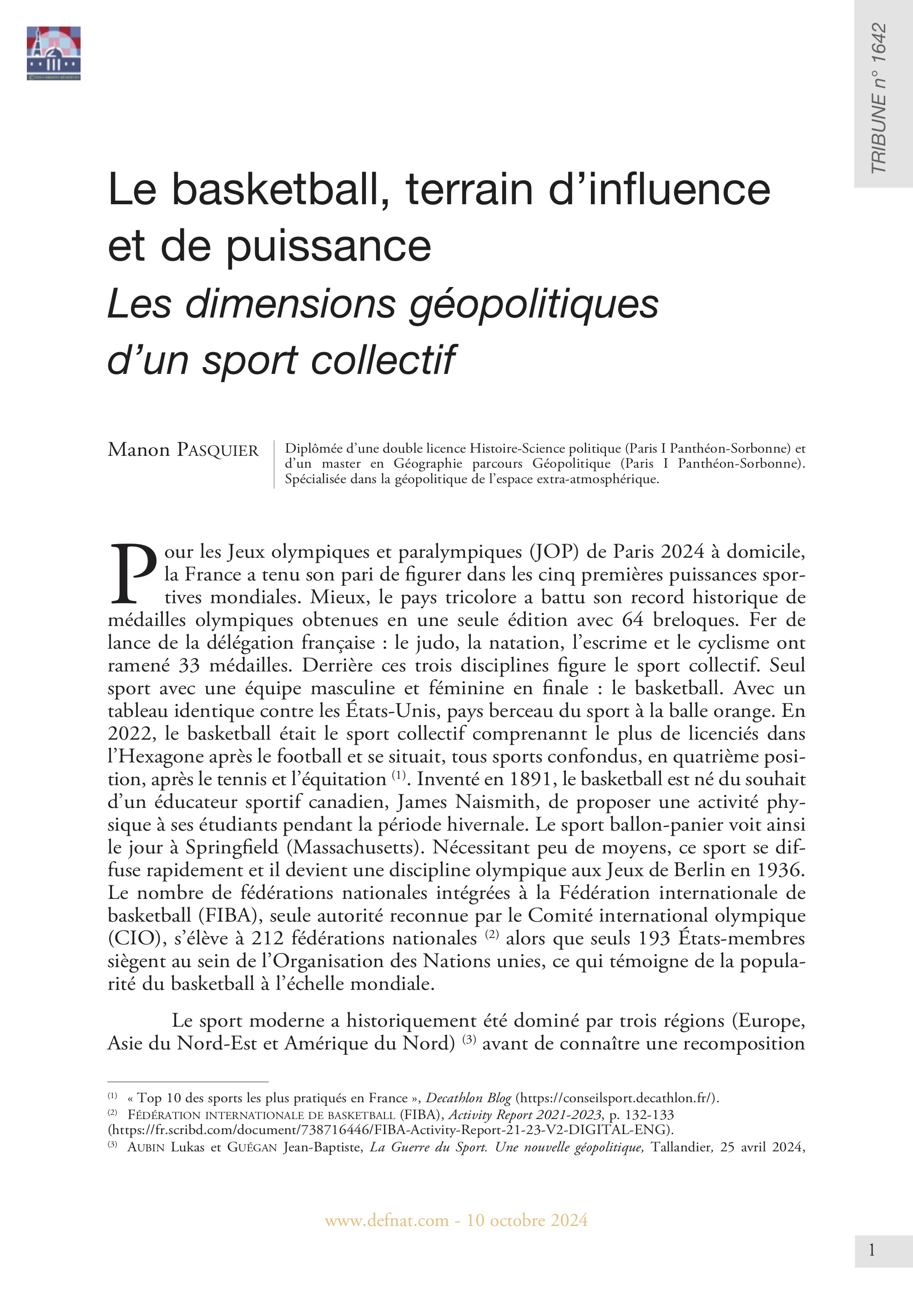Le basketball, terrain d’influence et de puissance Les dimensions géopolitiques d’un sport collectif
